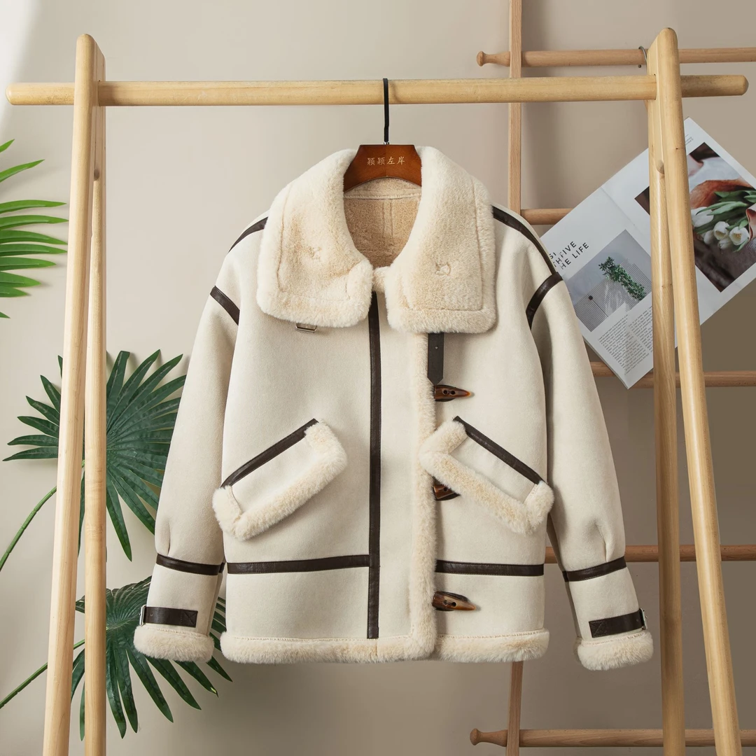 秋冬厚外套加厚皮毛一体机车服外套时尚拼接百搭宽松机车服ZQ