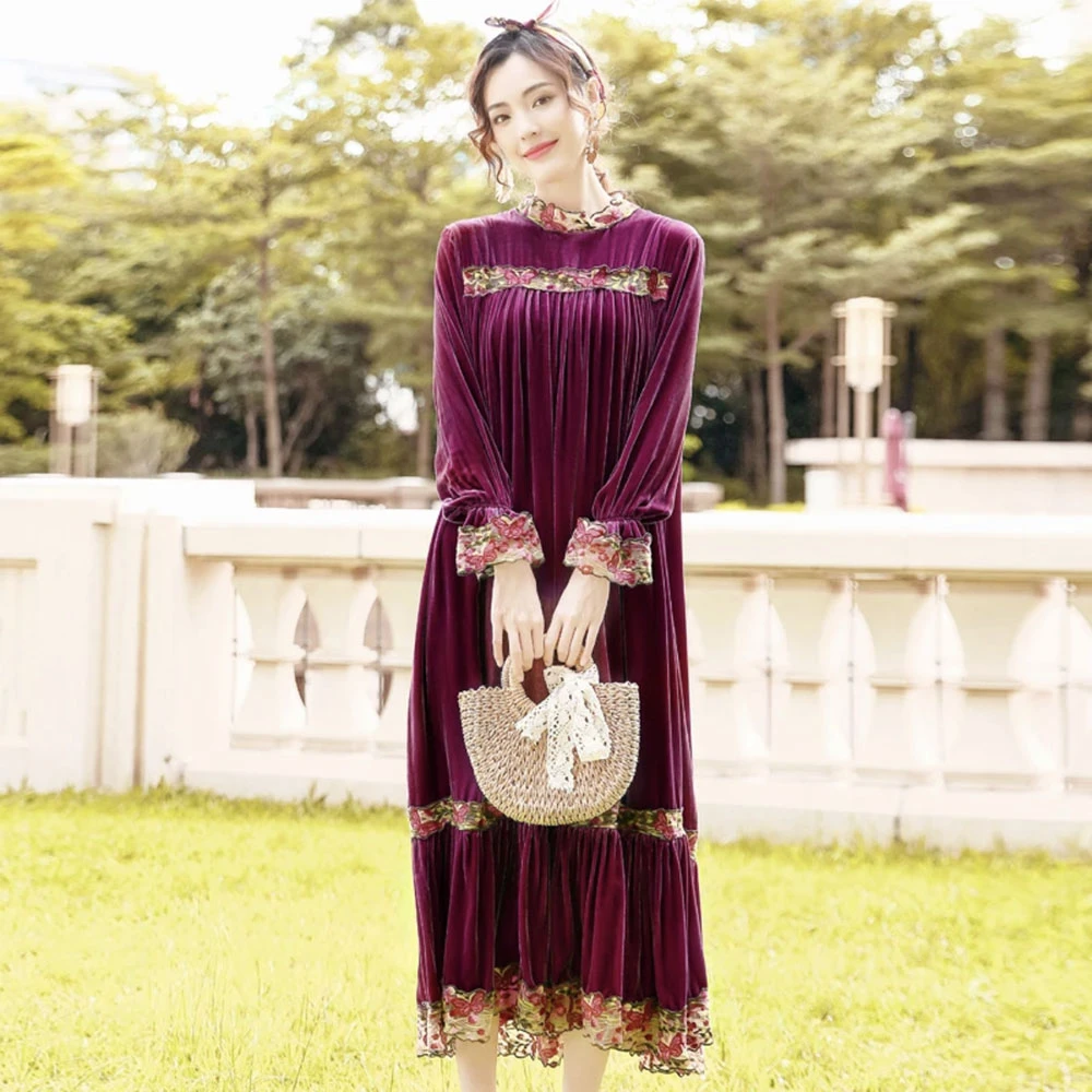 【苗小年】法式赫本风高端重工显瘦御姐轻熟风大摆丝绒连衣裙 8443