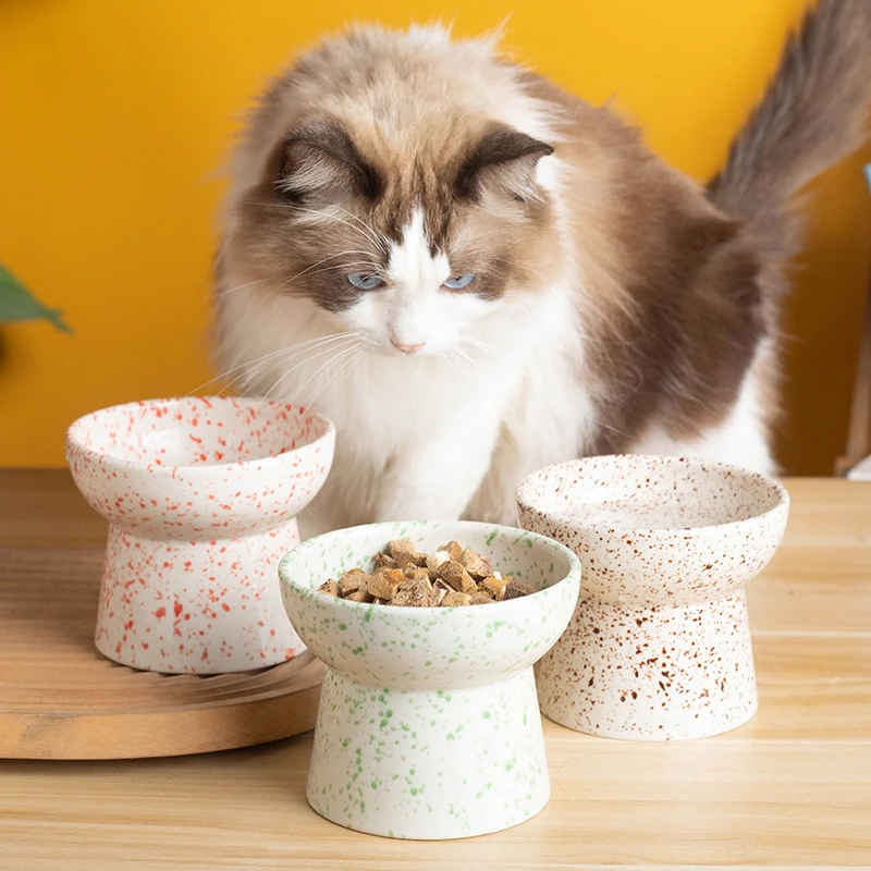 猫碗高脚陶瓷宠物碗护颈平口碗猫碗猫咪食盆粮碗成猫食器陶瓷猫碗