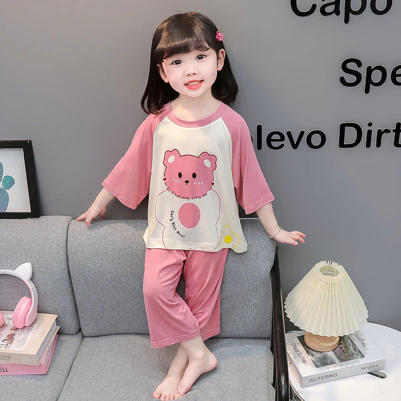 儿童睡衣夏季圆领宝宝薄款家居服儿童七分袖卡通空调服洋气小孩