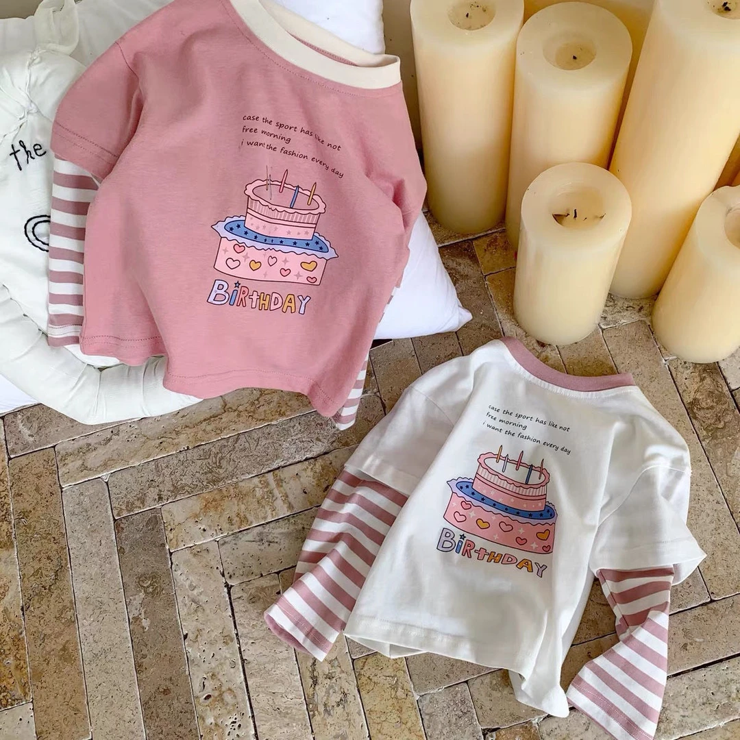 2025秋新款洋气条纹撞袖假两件女童棉长袖蛋糕印花中小童圆领T