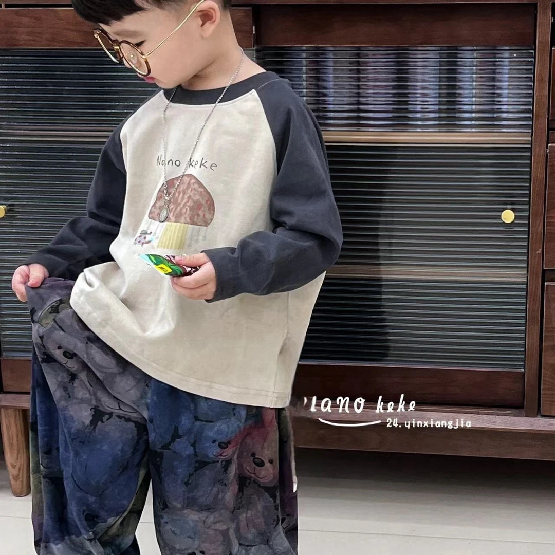 男童秋装2024新款儿童t恤长袖宝宝拼色圆领卡通打底衫休闲上衣潮3