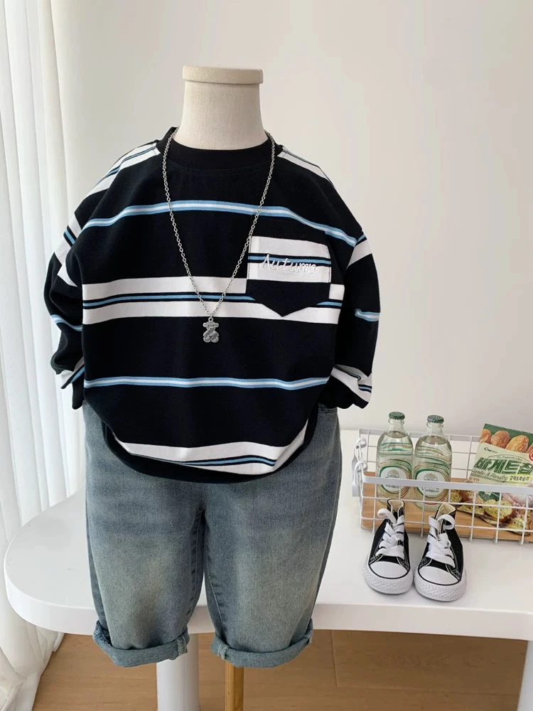 男童条纹T恤秋装2025新款韩版儿童棉圆领打底衫中小童长袖百搭t
