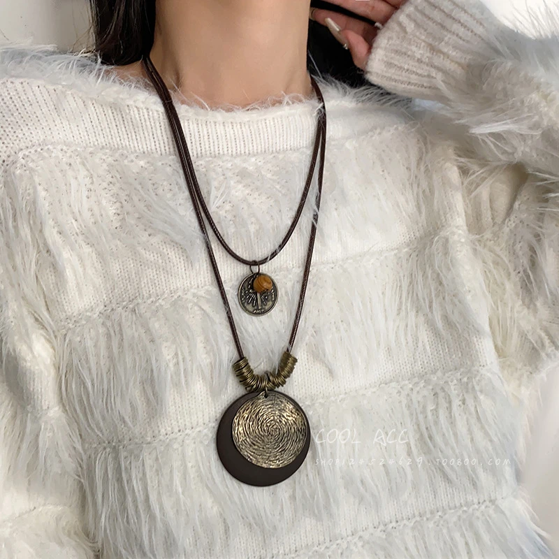 铜合金皮质吊坠 美拉德圆环吊坠双层项链女复古时尚长款毛衣链潮