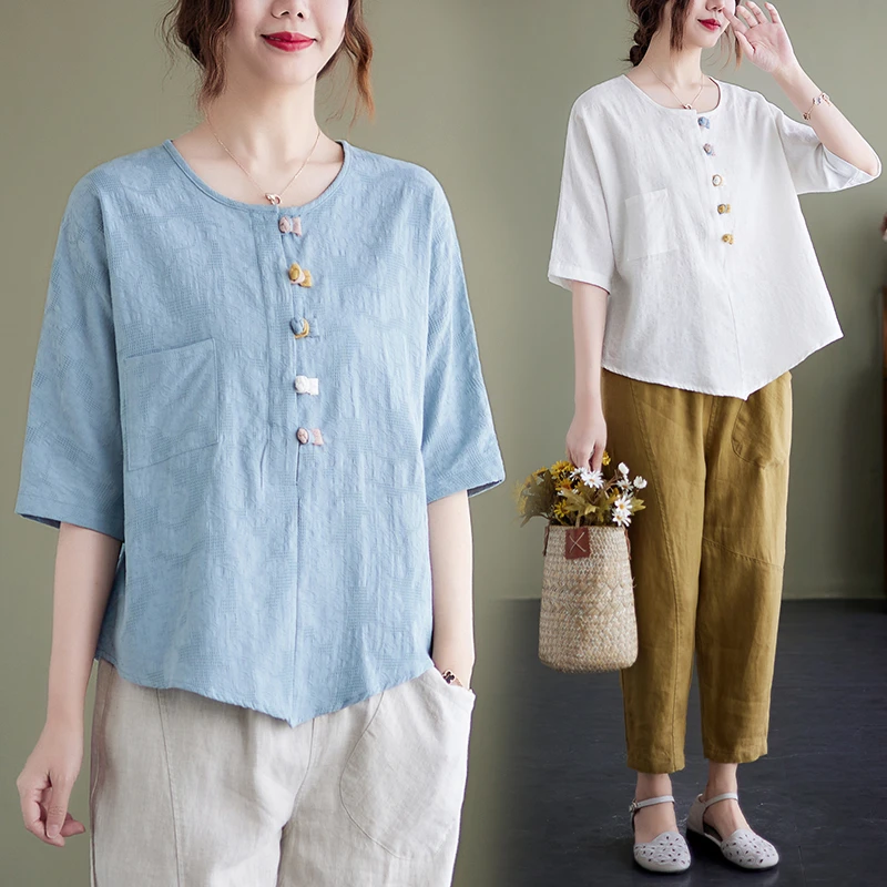 2023夏季新款复古薄款盘扣亚麻上衣女士短袖不规则T恤宽松打底衫