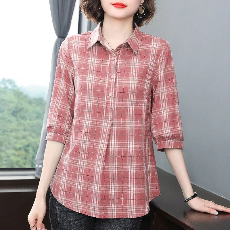 棉麻衬衫女中袖格子翻领上衣2023新款春夏五分袖格子衬衣宽松显瘦