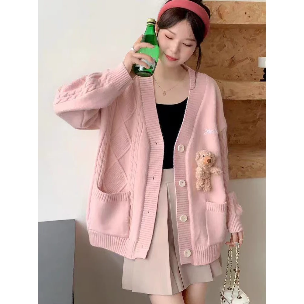 可爱小熊毛衣外套慵懒2025秋冬季新款宽松针织衫外穿上衣开衫显瘦