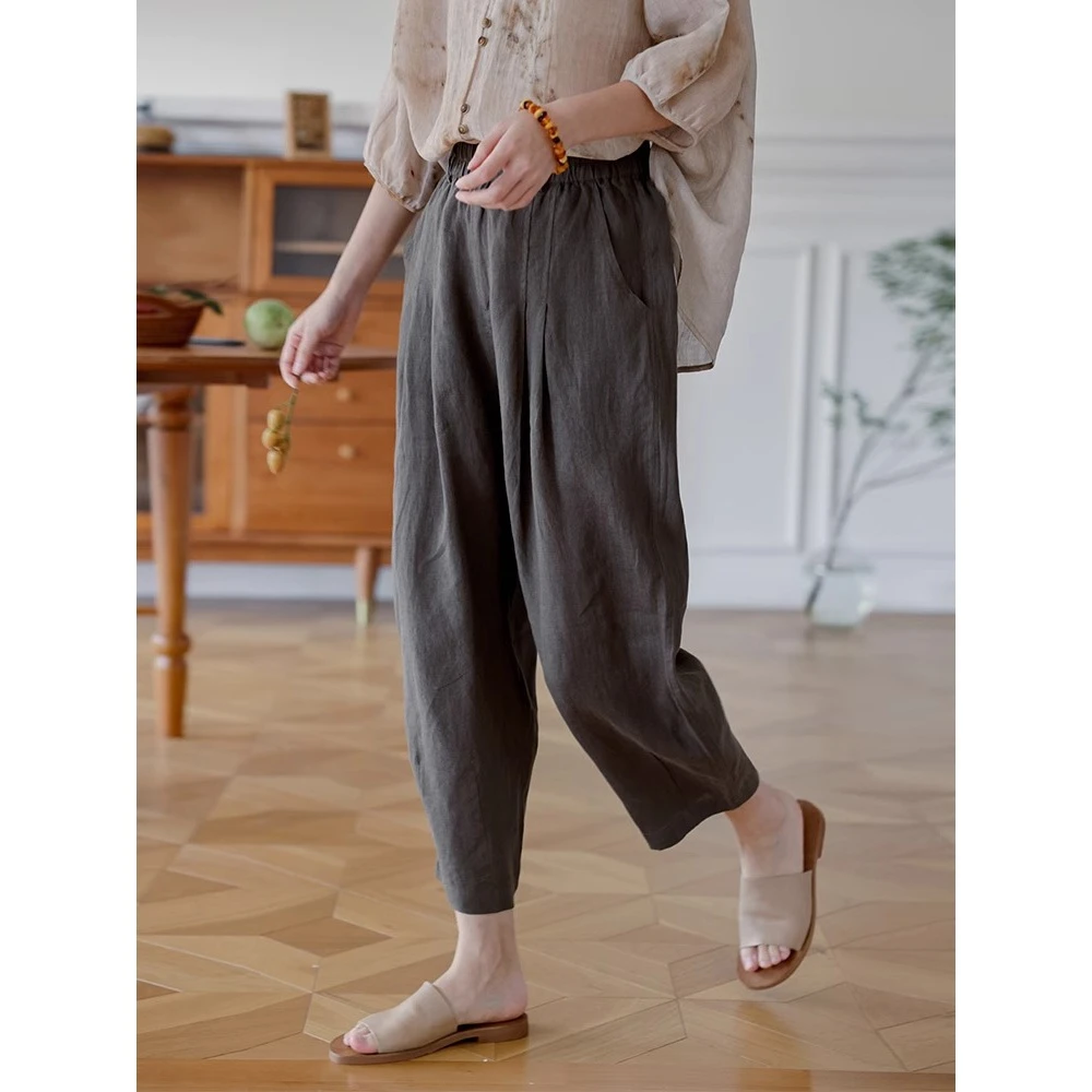 棉麻裤子女夏季薄款通勤简约显瘦休闲裤宽松百搭纯色九分哈伦裤女