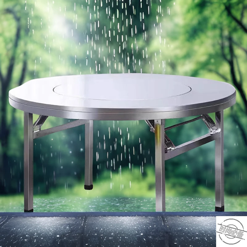 加厚不锈钢折叠圆桌户外烧烤餐饮桌转盘内置排档时尚餐桌圆形饭桌