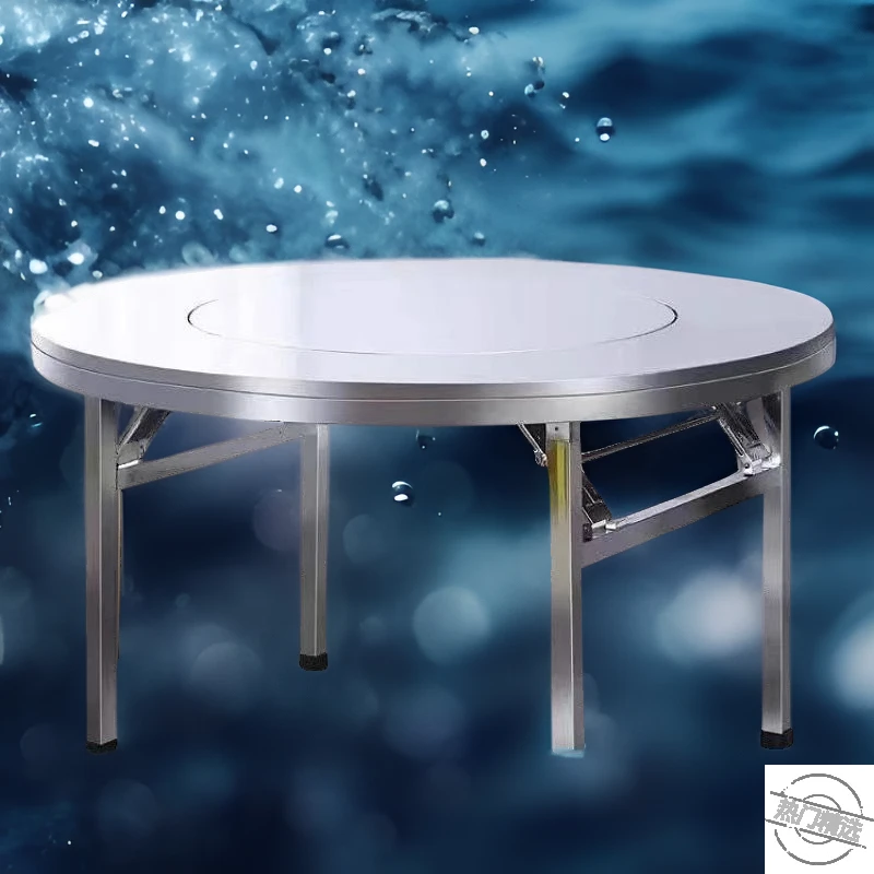 加厚不锈钢折叠圆桌烧烤户外用餐桌排档专用内置转盘一体圆形饭桌