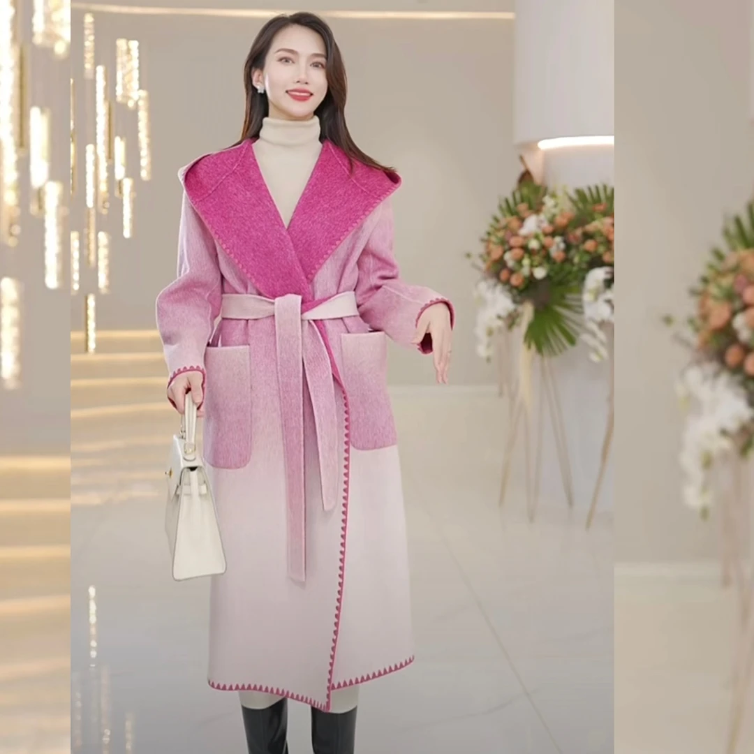 S·KBKZ轻奢设计师双面渐变色系高级感羊毛双色系带连帽大衣