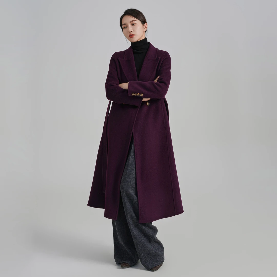 S·KBKZ23新款蕨绝紫高端双面羊毛大衣系带纽扣修身显瘦大衣外套