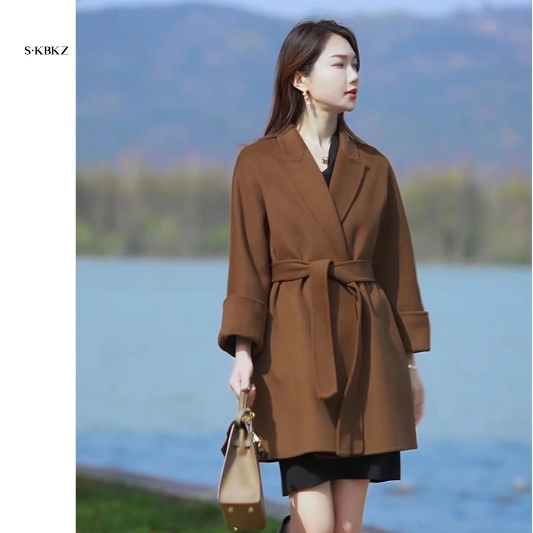 S·KBKZ法式赫本风{精致女人}系带时尚显瘦双面呢大衣短款外套大衣