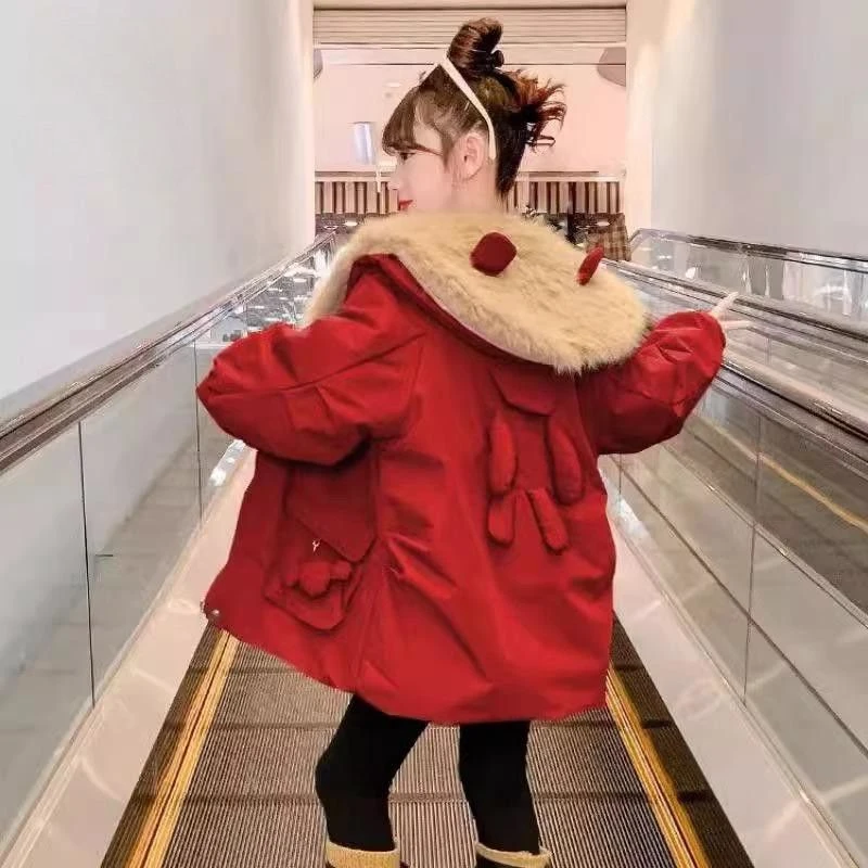 女童中长款加绒棉衣韩版中长款休闲防寒派克服棉袄喜庆拜年红色潮
