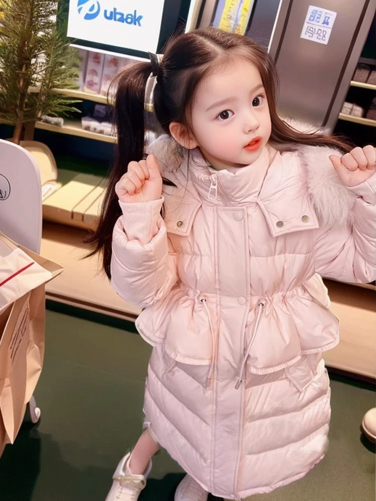 女童棉服冬季2023新款洋气中长款棉衣棉袄收腰加厚连帽外套潮公主