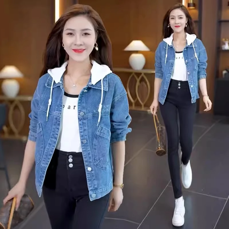 牛仔外套女春秋季2024年洋气拼接连帽短款潮小个子牛仔衣上衣8801
