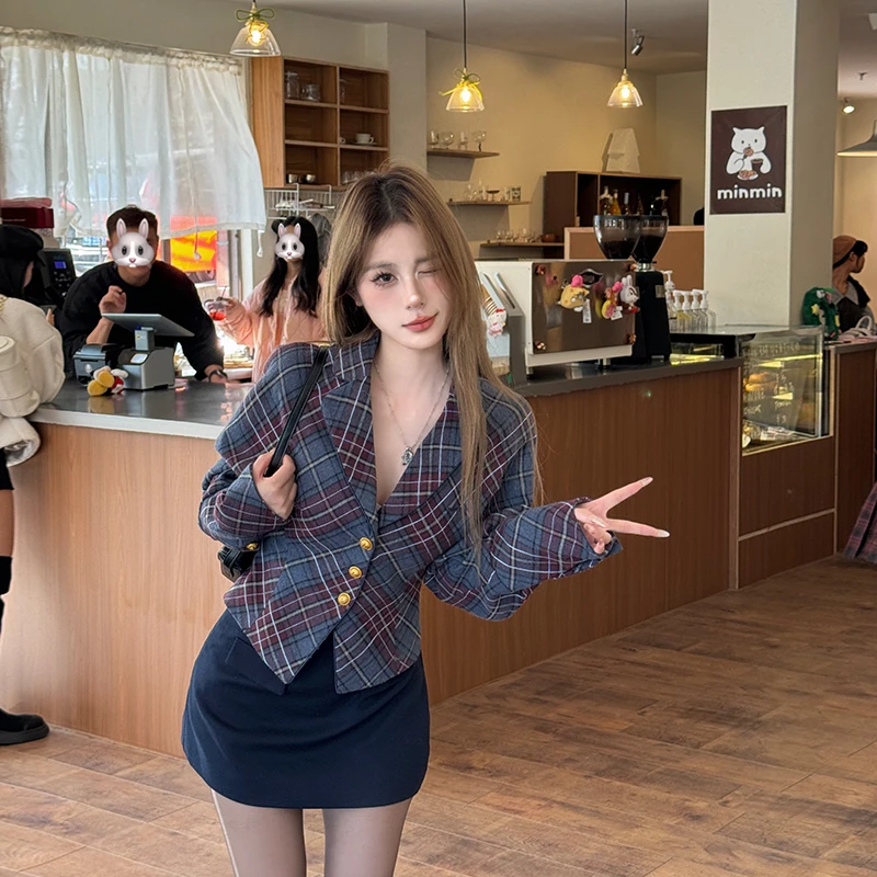 【克林顿学院】气质高腰显瘦毛呢外套复古修身性感格子西服辣妹套装