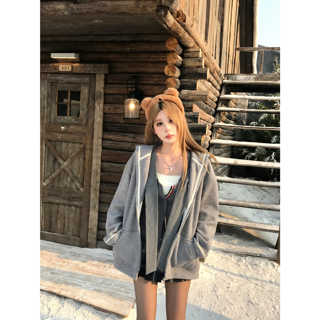 【首尔女高】千金感毛衣针织开衫秋撞色条纹收腰小香风百褶格子系