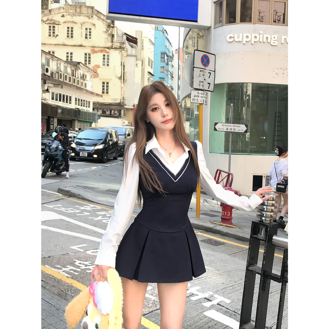 【返校学姐】纯欲拼接设计V领收腰显瘦高级感裙子连衣裙气质