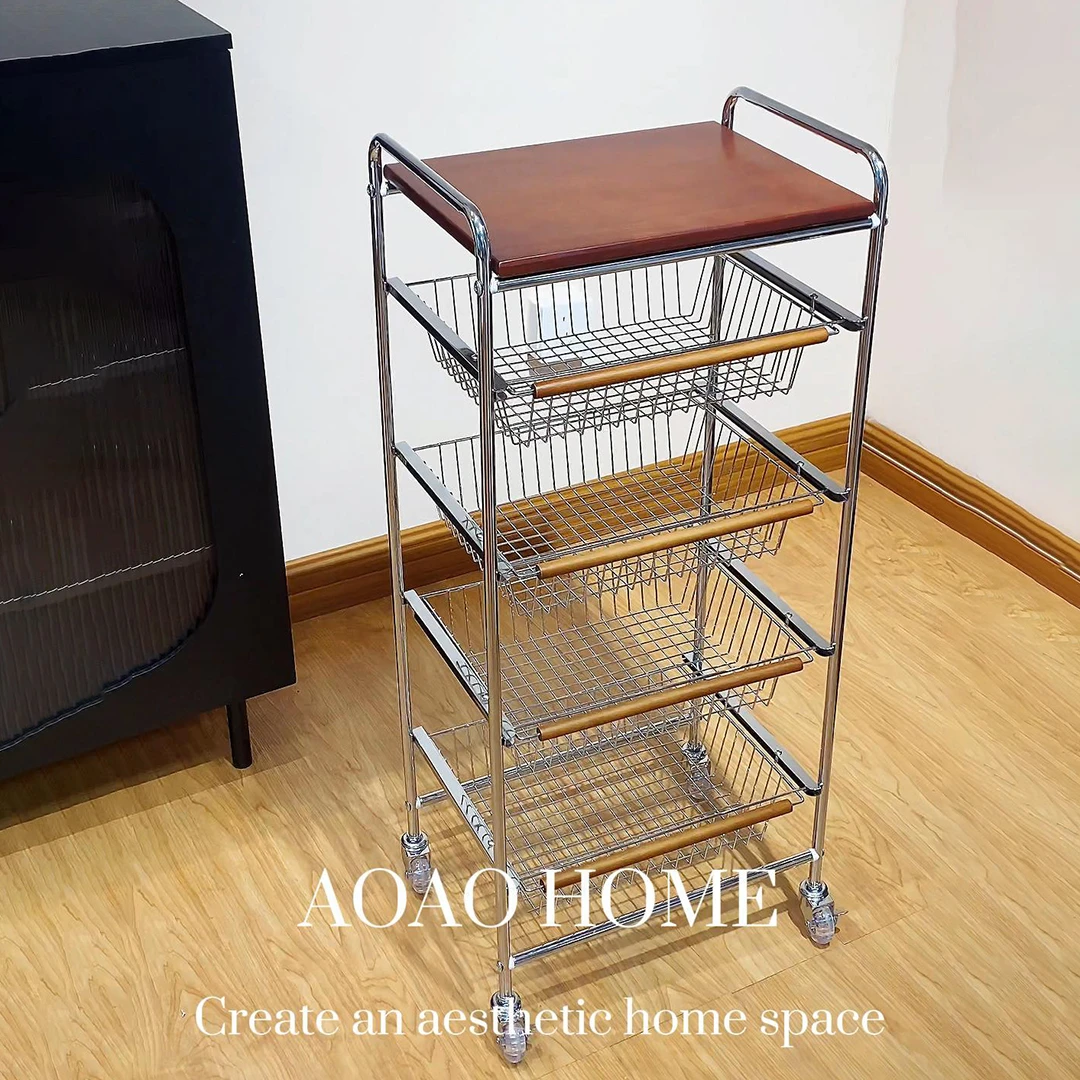 中古小推车客厅移动零食收纳架家用复古厨房蔬菜墙架子置物架落地