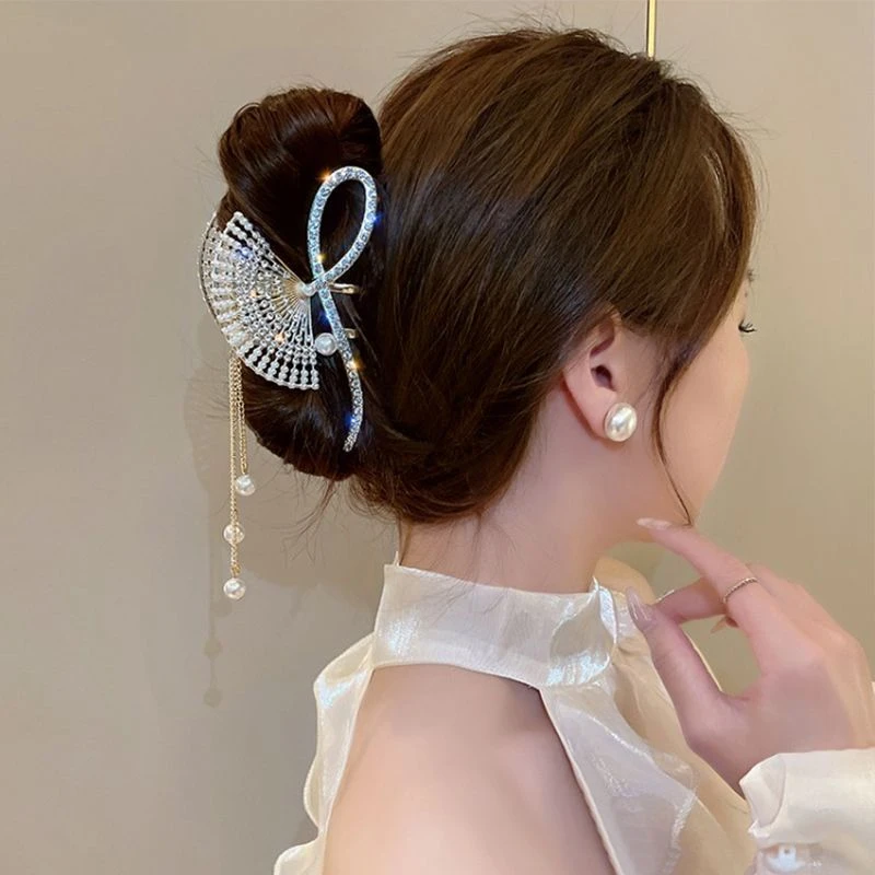 超仙扇形流苏抓夹女后脑勺高级感满钻发夹新中式古典鲨鱼夹子头饰