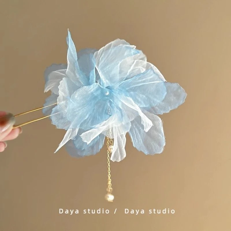 古风花朵头饰~超仙复古雪纺花朵珍珠流苏u型发簪子气质新中式发簪