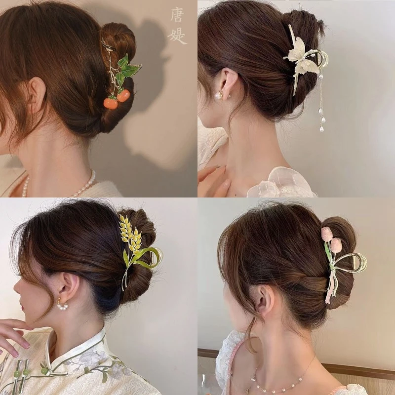 柿柿如意~~鸦鸦可爱柿子发夹后脑勺秋冬抓夹高级感大号鲨鱼夹头饰