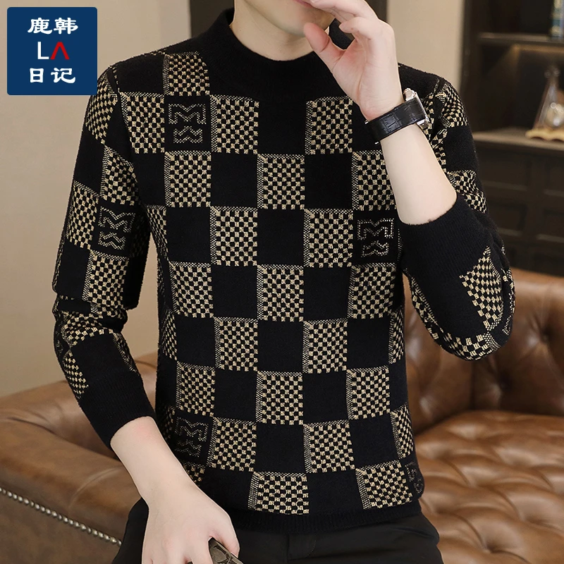 欧货新款男装毛衣男士针织秋冬季线衣格子加厚保暖圆领百搭打底衫