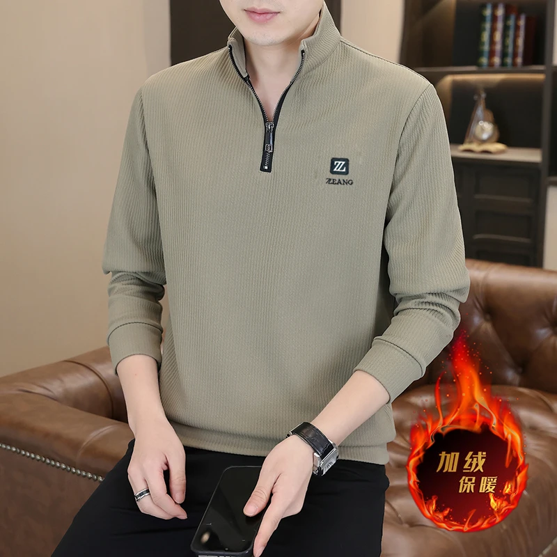 加绒加厚秋冬季男款POLO衫青奢高级感立领卫衣男士长袖T恤半拉链