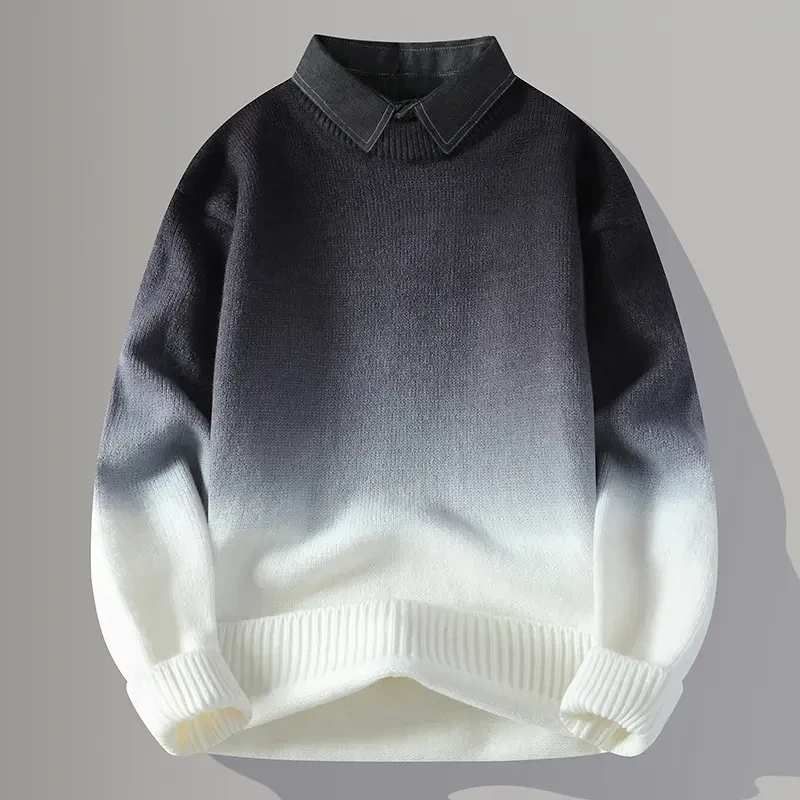秋冬季衬衫领假两件毛衣男休闲宽松头套保暖渐变色长袖针织打底衫