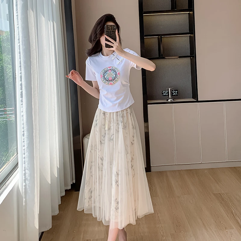 新中式刺绣盘扣短袖T恤套装女夏季小个子穿搭网纱半身长裙两件套