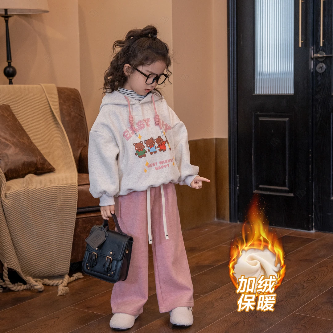 【现货】儿童加绒套装2023新品冬款女童韩版卫衣冬季小熊印花百搭