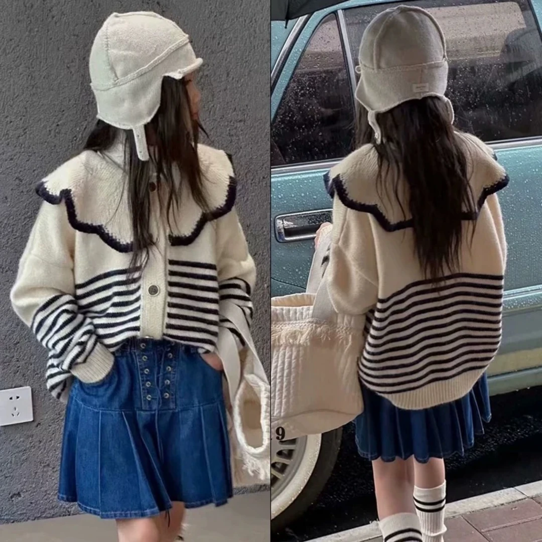 【好佳服】儿童针织外套2024秋装中大童大花边翻领毛衣儿童条纹上衣