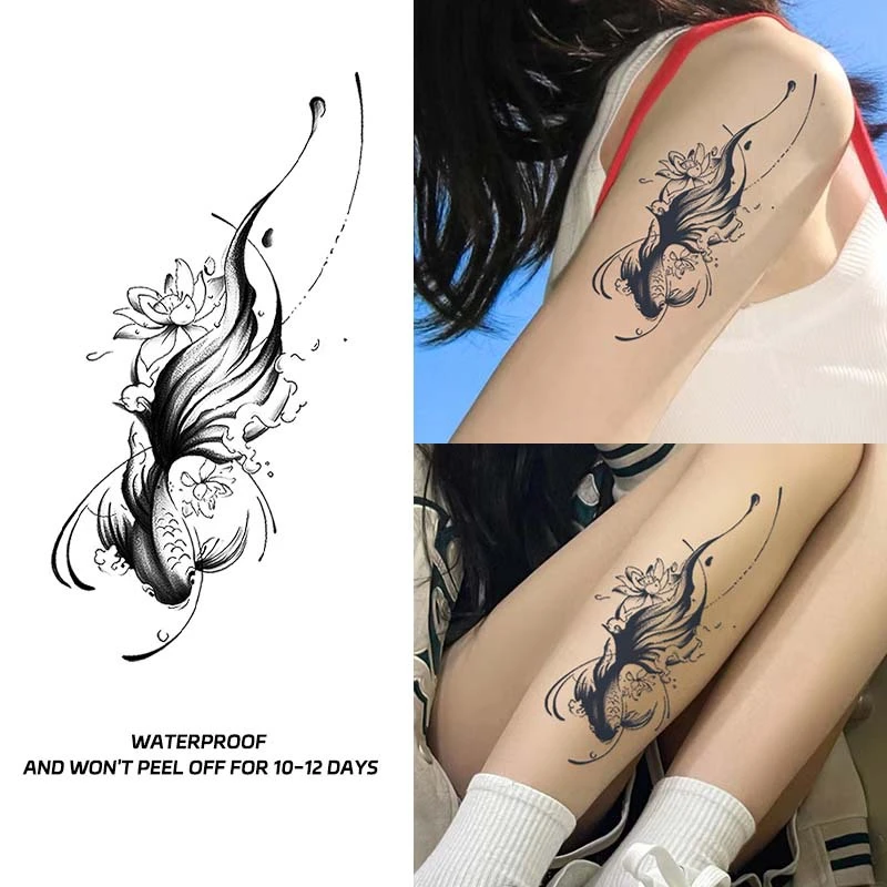 素花鲤鱼手臂草本纹身贴防水持久不反光高级感仿真果汁刺青色图案