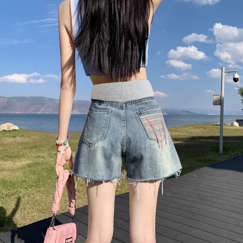 桦乐孕妇牛仔短裤女薄款夏季外穿2023新款a字阔腿短裤小个子+头绳