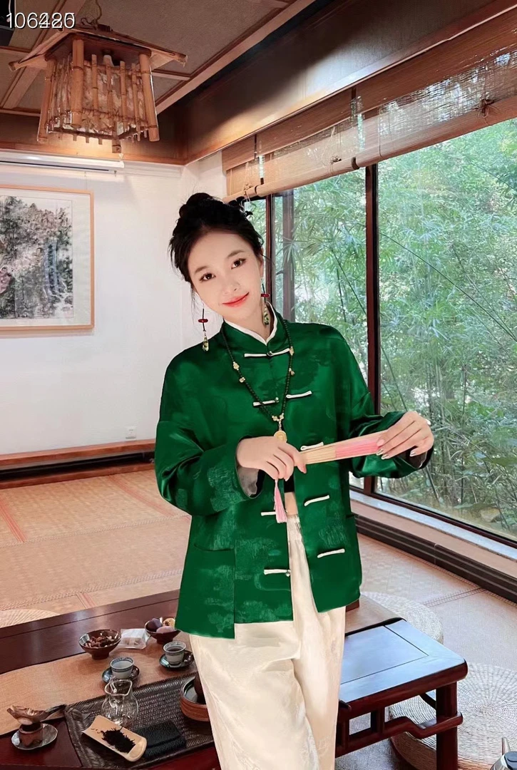 【花花国风】早秋新款桑蚕丝冠乐绉复古风轻奢三色外套时尚气质