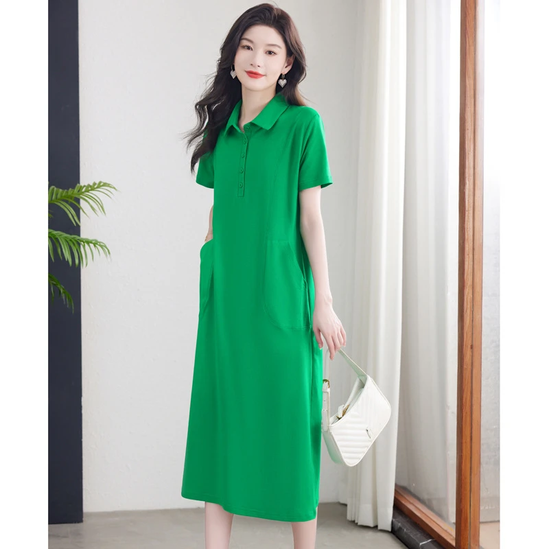 夏季polo连衣裙2024女新款h型直筒宽松大码休闲运动t恤裙长款