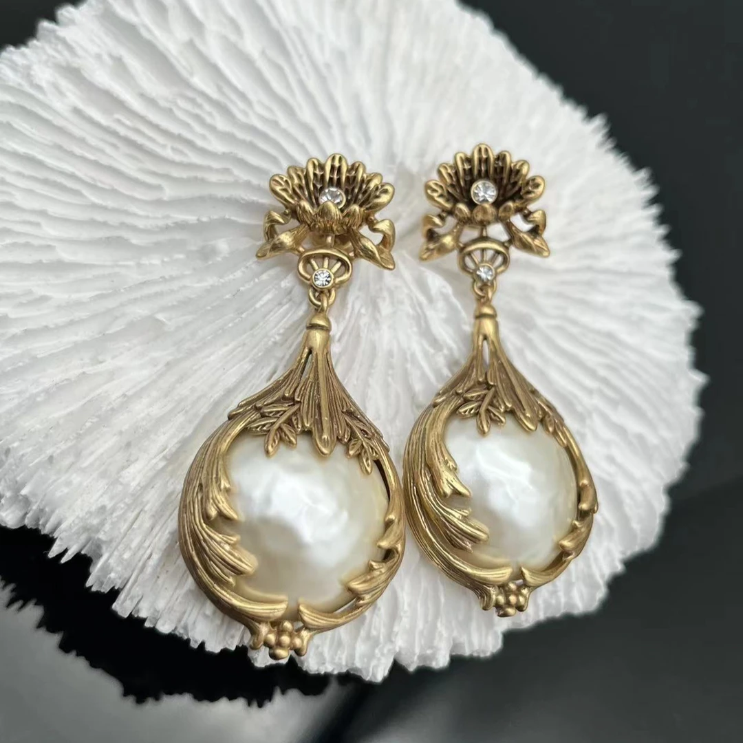 黄铜仿珍珠耳饰 中古法式耳环时尚复古古风手工气质欧美设计师