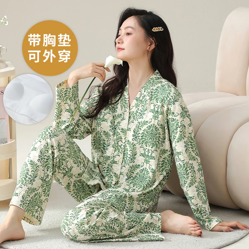 春秋季长袖睡衣套装女自带胸垫一体棉夏冬款家居服和服开衫大码