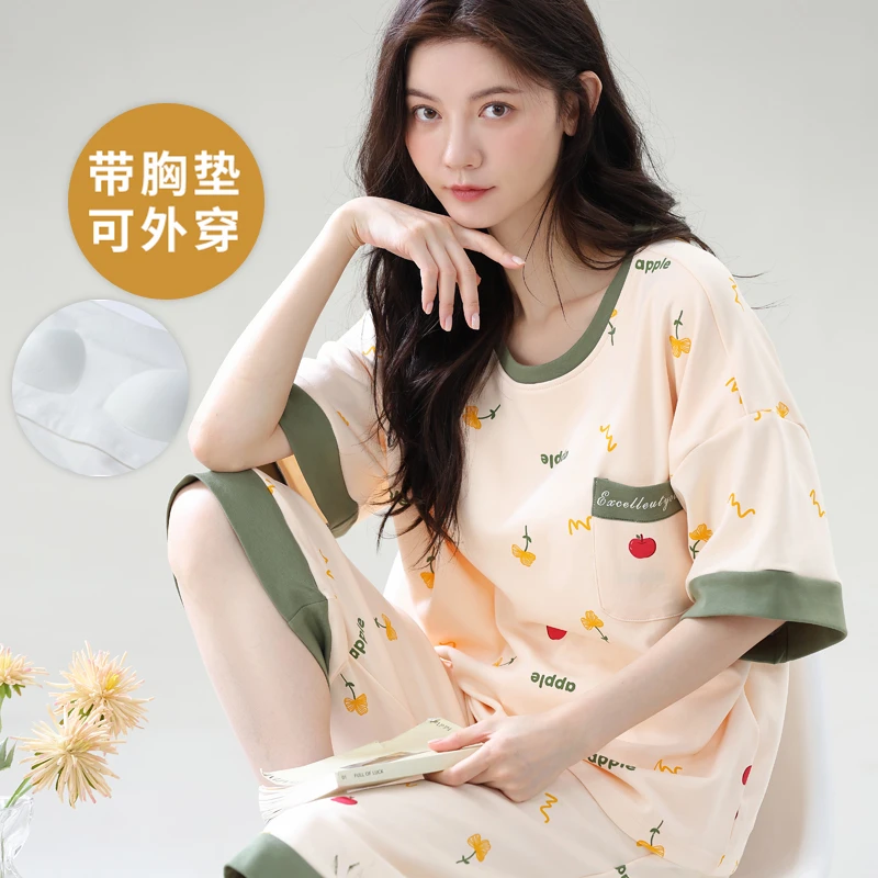 夏季短袖睡衣女士套装自带胸垫一体七分裤胖MM大码200斤家居服