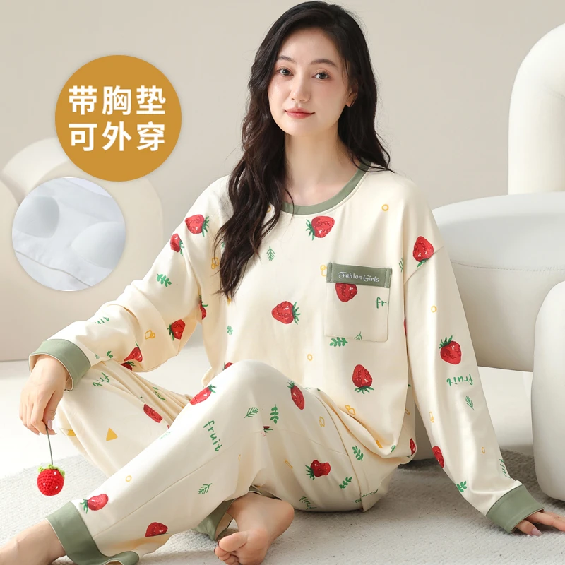 春秋季长袖自带胸垫一体睡衣套装女夏冬款大码家居服可外穿休闲