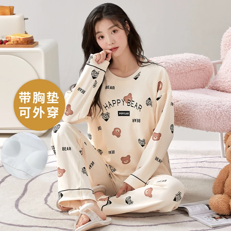 春秋季长袖睡衣套装女自带胸垫一体夏冬天家居服大码可外穿卡通