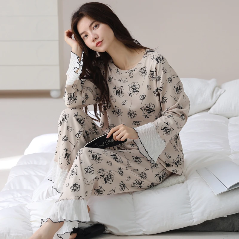 春秋季长袖100%全棉女士睡衣套装夏冬天家居服纯棉可外穿韩版大码