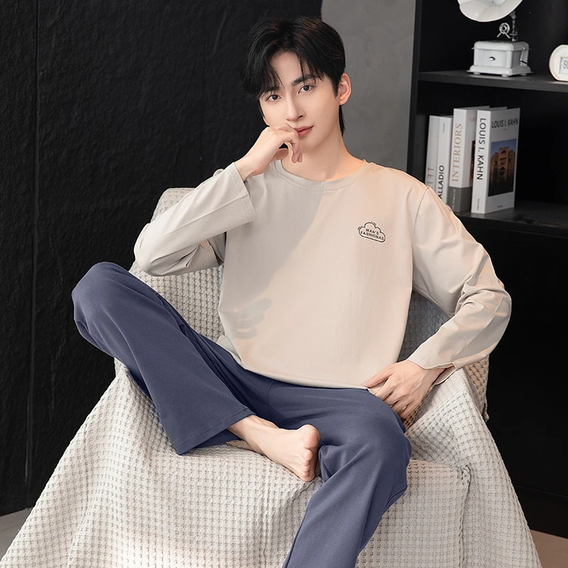 春秋季大码薄款长袖睡衣套装男士家居服青少年韩版可外穿休闲学生