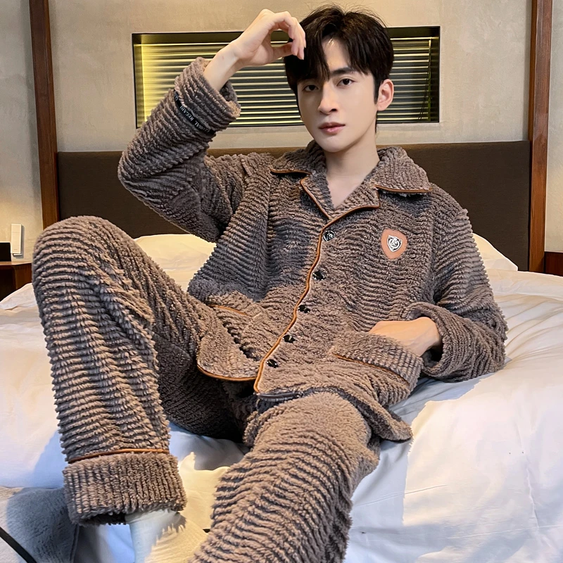 秋冬季法兰绒男士开衫大码睡衣套装保暖加绒加厚珊瑚绒开衫冬天