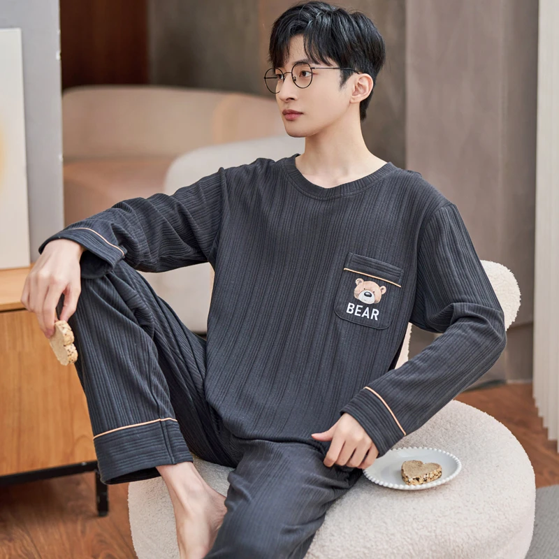 春秋季男士长袖睡衣套装夏冬天家居服大码可外穿学生休闲青少年