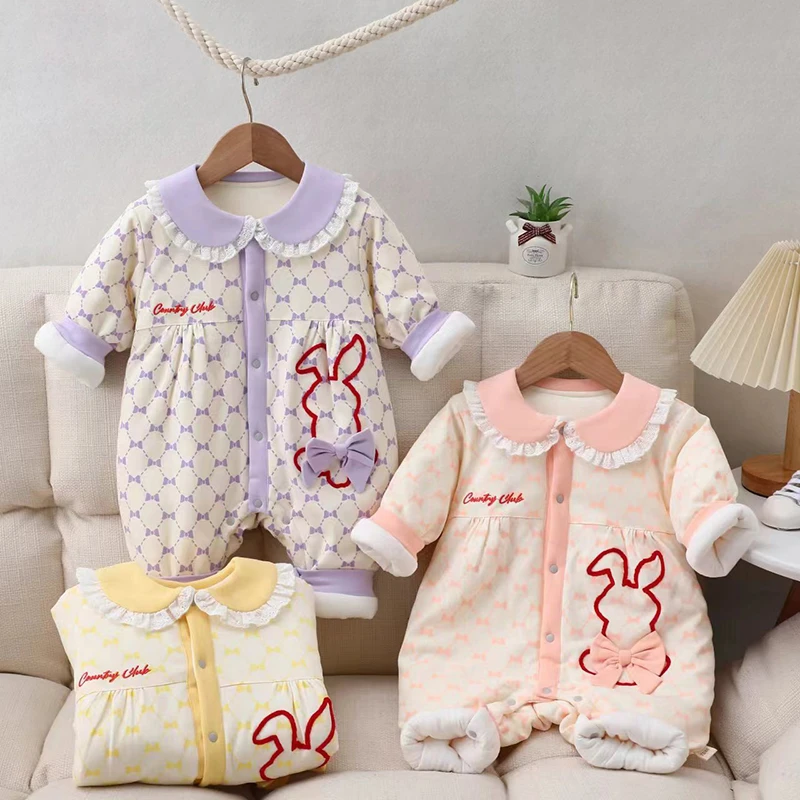 婴儿连体衣120克秋冬季宝宝夹棉棉衣3-12个月幼儿外出服爬服哈衣