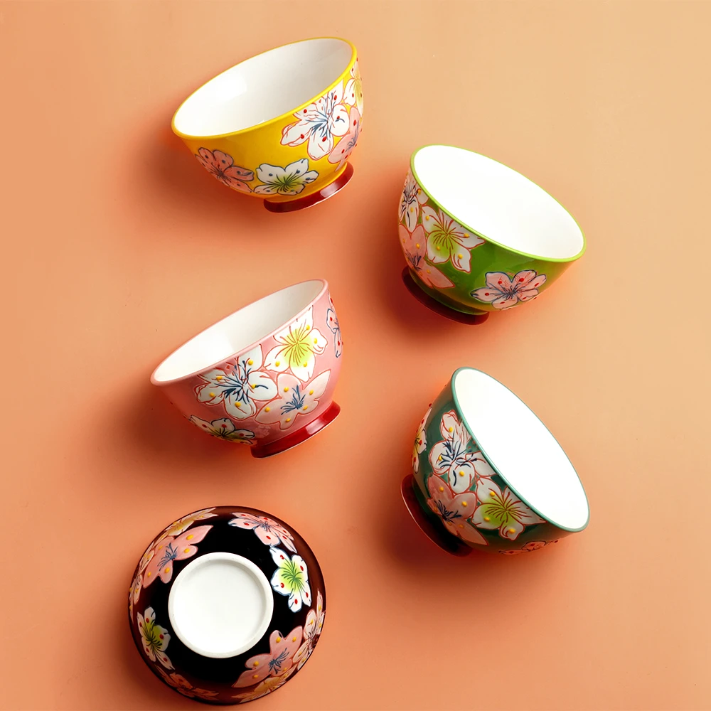 【5个装】手绘花朵吃饭碗5英寸汤碗米饭碗釉下彩沙拉碗家用陶瓷