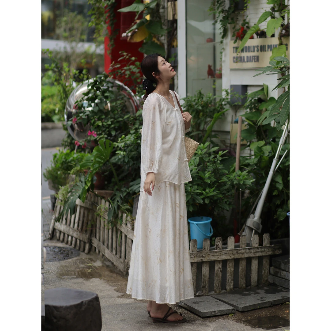 【拉法LARFille】「禅韵诗意」高个子定制国风天丝三件套上衣半裙套装