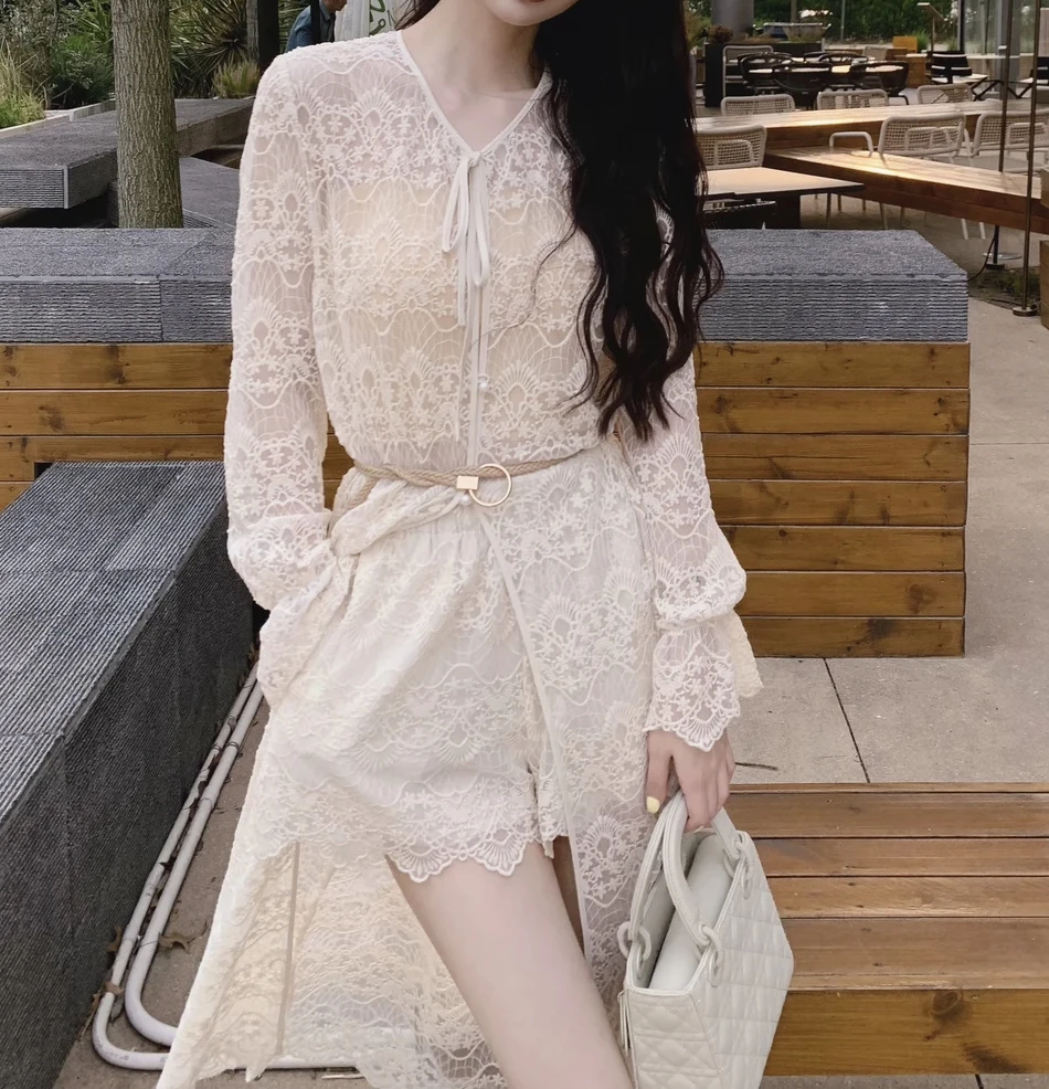 夏季茶歇法式时尚显瘦可甜可盐气质收腰显瘦镂空蕾丝套装小众女